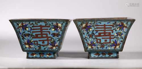 Pr Chinese Silver Lined 19C Cloisonne Square Bowls