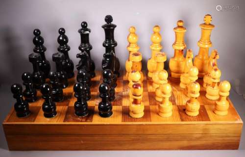 Large Turned Wood Chess Set & Inlaid Board