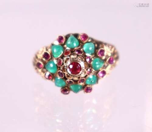 India Mughal Style Emerald, Ruby 14K Ring