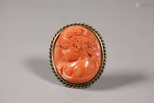 Lg Victorian Carved Coral Child Oval Brooch; 32.9G