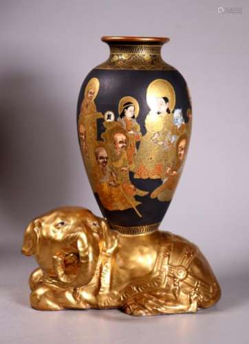 Japanese Satsuma 18 Arhat Vase on Gold Elephant
