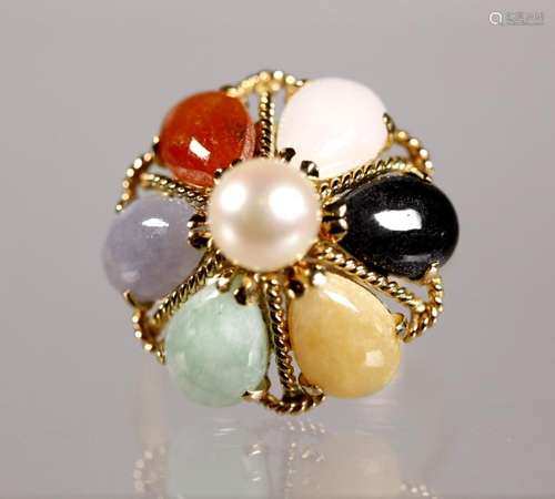 Vintage Multi-Jadeite & Pearl 14K Gold Ring