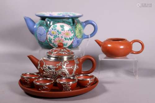 - 3 Chinese Yixing Teapots; 4 Yixing Cups & Tray