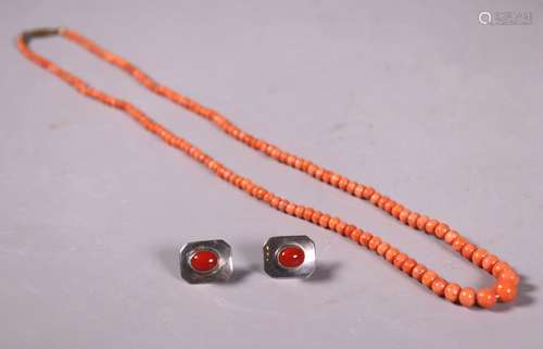 Antique Coral Bead Necklace; Coral Silver Earrings