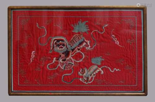 Chinese Silk Embroidery of 2 Buddhist Lions