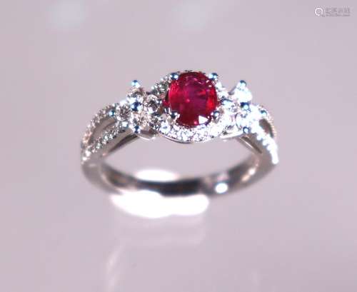 Oval Cut .84ct Ruby & Diamond 18K White Gold Ring