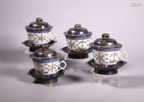 4 Chinese 19C Porcelain Teacup Silver Cover & Tray