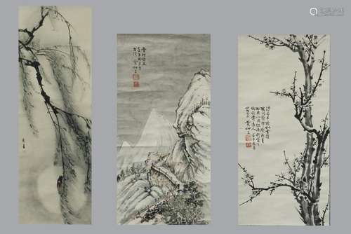 3 Chinese Ink Scroll Paintings on Paper