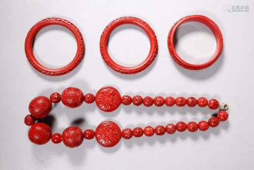 Chinese Cinnabar Red Lacquer 3 Bracelet 1 Necklace