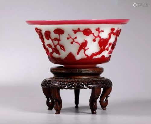 Chinese Peking Glass Carved Ruby Cameo Bowl