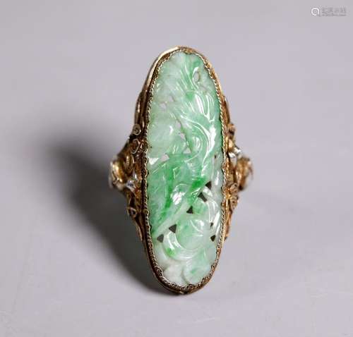 Chinese Apple Green Jadeite in Gilt Silver Ring