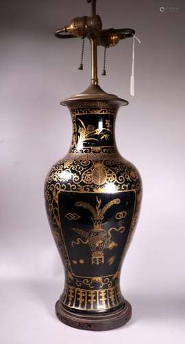 Chinese Mirror Black Glazed & Gold Porcelain Vase