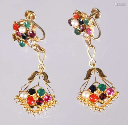 Pair Middle Eastern Style Multi-Jewel 14K Earrings