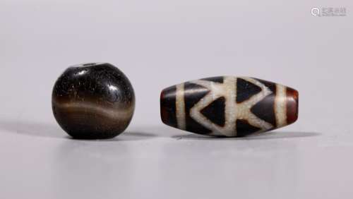 2 Tibetan Beads, Dzi Bead & Striped Agate; 18.2G