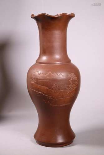 Chinese Yixing Style Carved Brown Stoneware Vase