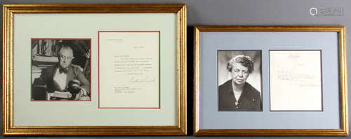 Two framed photographs and signed letters of Franklin Delano Roosevelt and Eleanor Roosevelt, FDR