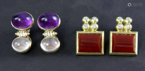 Two pairs of 14k yellow gold earrings, to include: pair with carnelian and diamond, 7/8