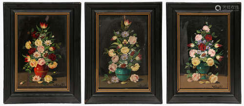 Three (3) floral still lifes, oil on panel, all signed 'Vamsi', 15