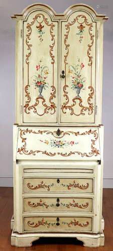 Venetian decorated secretary desk having extensive hand-painted floral detail, 78