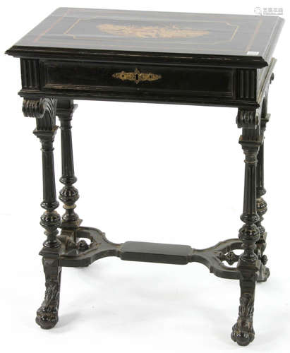 Continental marquetry inlaid black lacquered lift-top table with a fitted drawer and mirror, circa