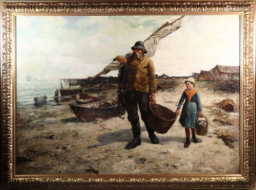 M. Rouzee, 'Fisherman and Daughter Coming Home', oil on canvas mounted on masonite, signed and dated