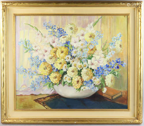 William Hubasek (American, 1871-1958), still life with flowers, oil on canvas, 25