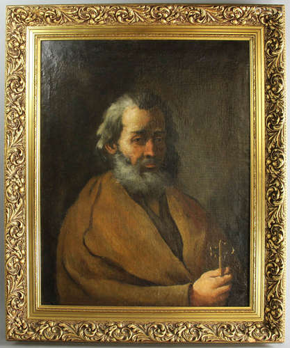 Old master portrait of Spanish priest, possibly St. Peter, oil on canvas, 32