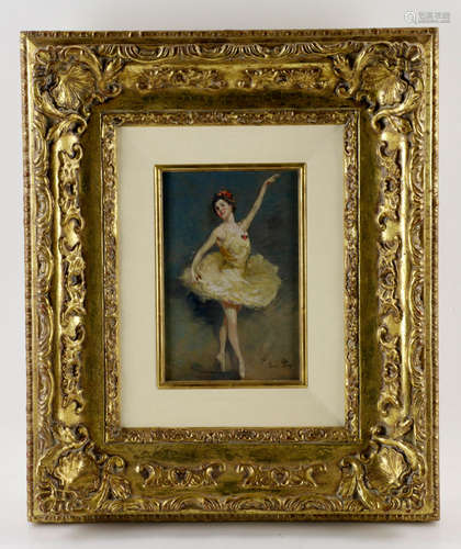 Rene Pean (b.1875), ballerina in a yellow dress, oil on panel, signed L/R, info verso, 9 1/2