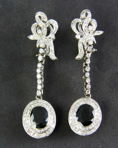 Pair of 14k white gold diamond and sapphire earrings, 2 1/8