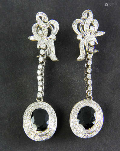 Pair of 14k white gold diamond and sapphire earrings, 2 1/8