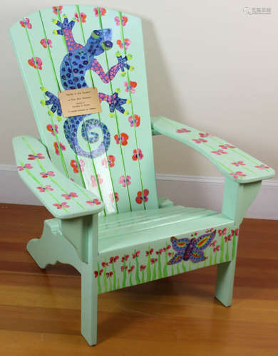 Sue Ann Pearson, 'Gecko in the Garden', handpainted and decorated adirondack porch chair, signed,