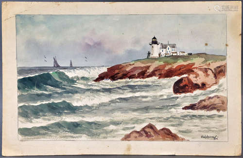 Maine lighthouse shoreline, watercolor, 12