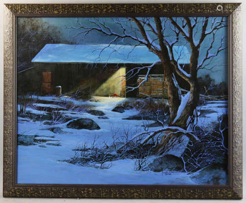 Joseph Orr, fox with chicken outside barn in snowy landscape, acrylic on masonite, signed and