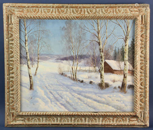 Winter forest road, oil on canvas, signed 'K Rozen' (Karl Ioganovich Rozen, Russian, 1864-1934),