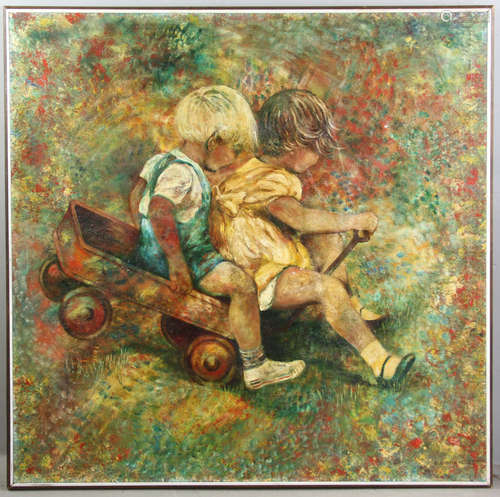 Elizabeth Kelley (20th century), children with wagon, oil on canvas, signed L/R, 48 1/2