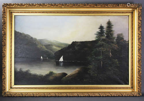 Hudson River scene with sailboats, oil on canvas, unsigned, 22