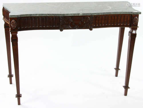 Regency-style carved mahogany console table with a green marble top, 34 1/2