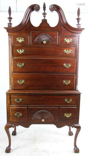 Custom mahogany highboy with shell carving, 76