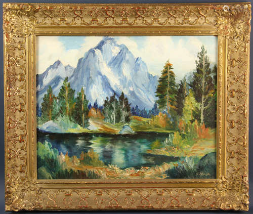 Pond landscape with mountain view, oil on panel, signed 'C Johnson', (Clarence Raymond Johnson,