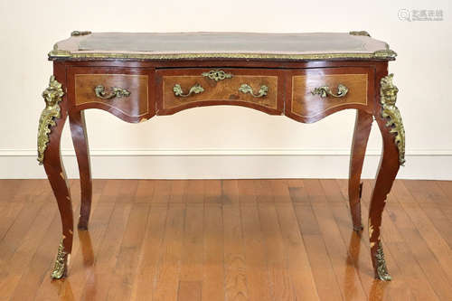 French-style single-drawer desk with ormolu trim and leather top, 33