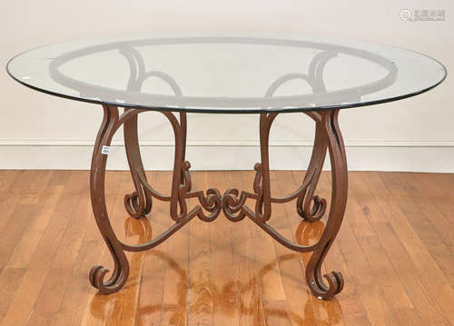 Glass top table with wrought iron base, 29