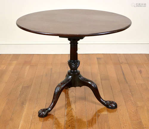 19th century mahogany tip-top table with bird cage, carved column, ball and claw feet, 28