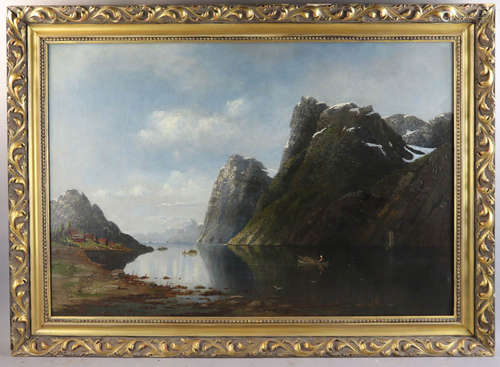 Adelsteen Normann (German and Norwegian, 1848-1918), fjord scene, oil on canvas, 27