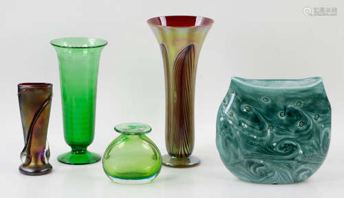 Collection of five (5) hand blown studio glass vases, including: one (1) signed 'Zellique Studios