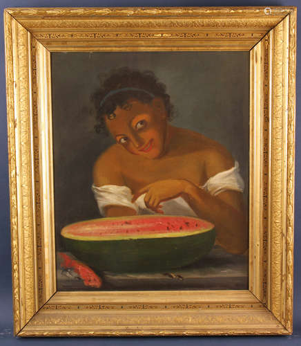 19th century American School oil on panel, girl with watermelon, labeled verso: Phoenix Museum, 22