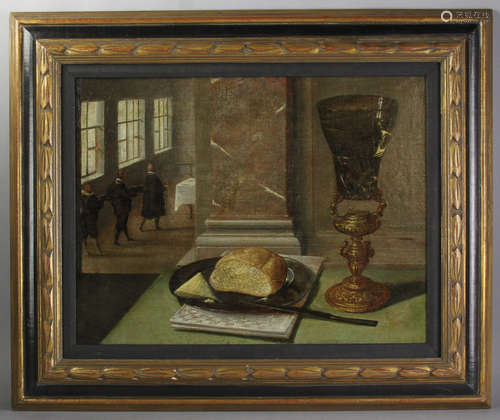 Oil on canvas, attributed to Hendrick van Steenwijck, still life of bread and chalice with clergyman