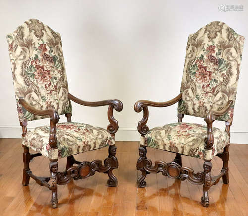 Pair of continental walnut high-back chairs with figural ladies' heads, having tapestry