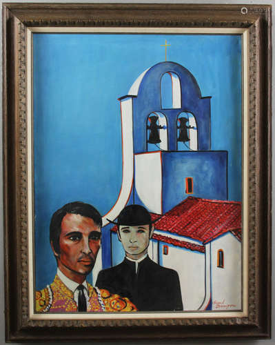 Matador and priest, oil on canvas, signed 'Brad Jernigan', 40