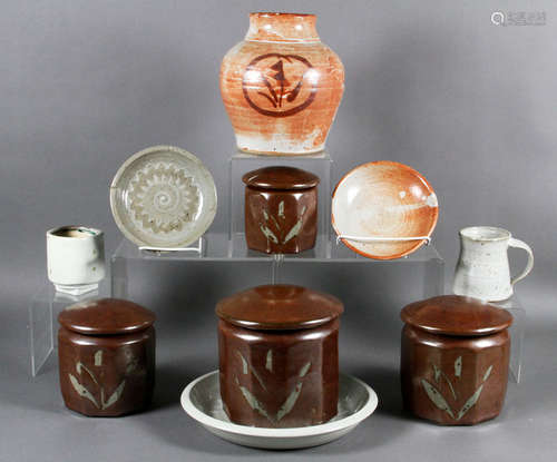 Group of studio pottery, to include: stoneware vase with cream and brown speckled glaze, flower