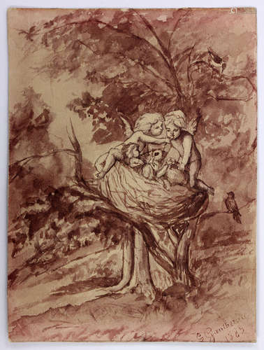 19th century French woodland scene with cherubs, watercolor, signed 'S. Gauthereau' and dated 1883